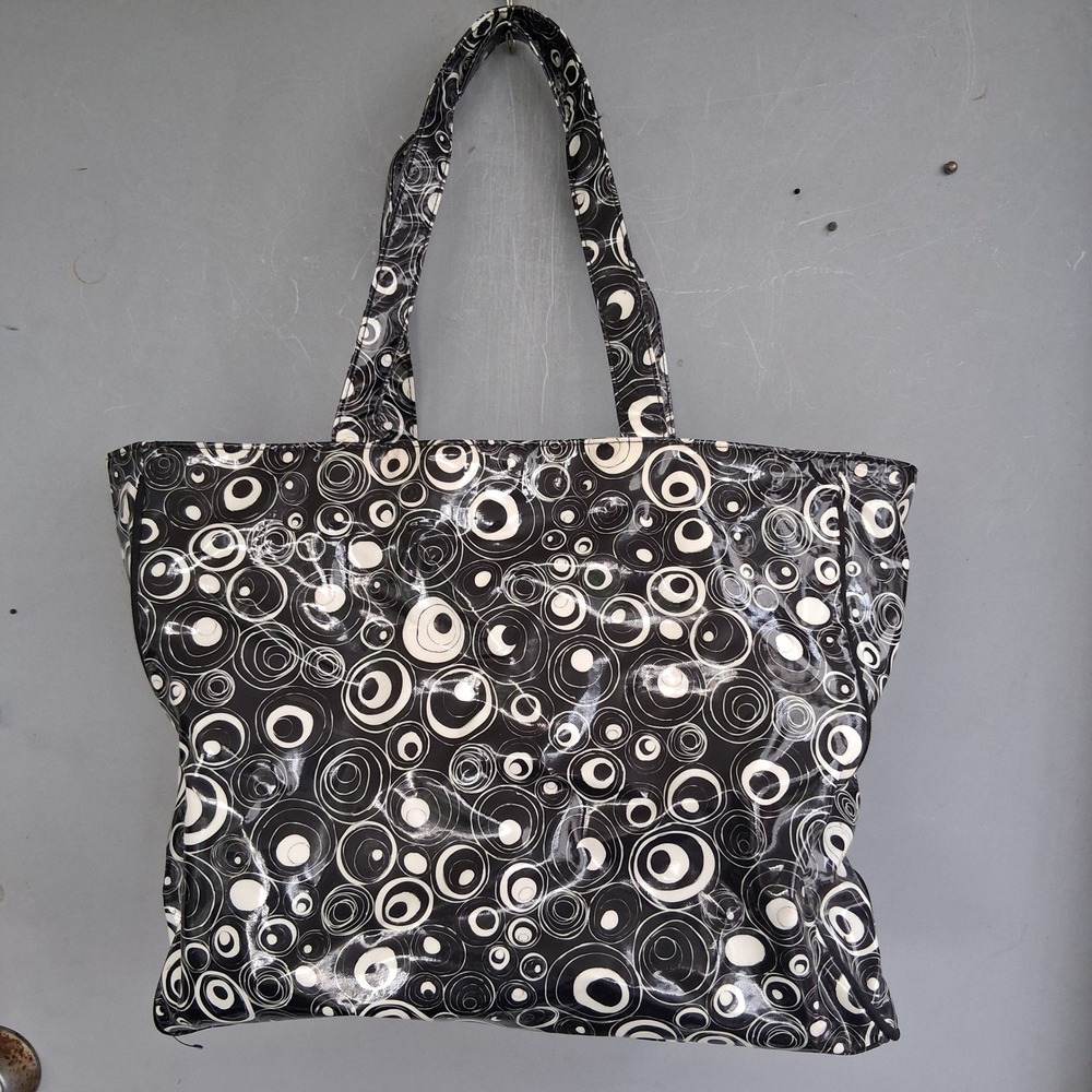 Vtg 80s 90s Blk White Geometric Circle Spiral Glossy Tote Shoulder Bag RARE HTF